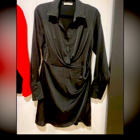 Primark Dresses & Skirts - Black satin type material mini dress with v neck and cuffed sleeves